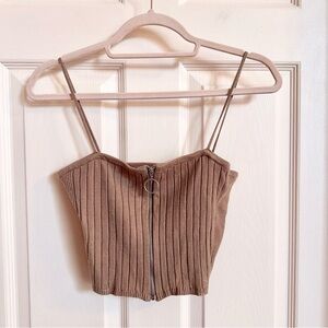 Brown Kendall and Kylie zip front crop top